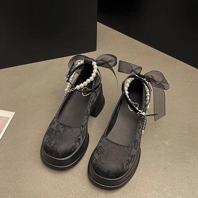 Frühling Damen Dicke Platform Mary Janes 2025 - Lolita Schuhe Sommer - Schleife Kette Party Pumps Oxford Schuhe