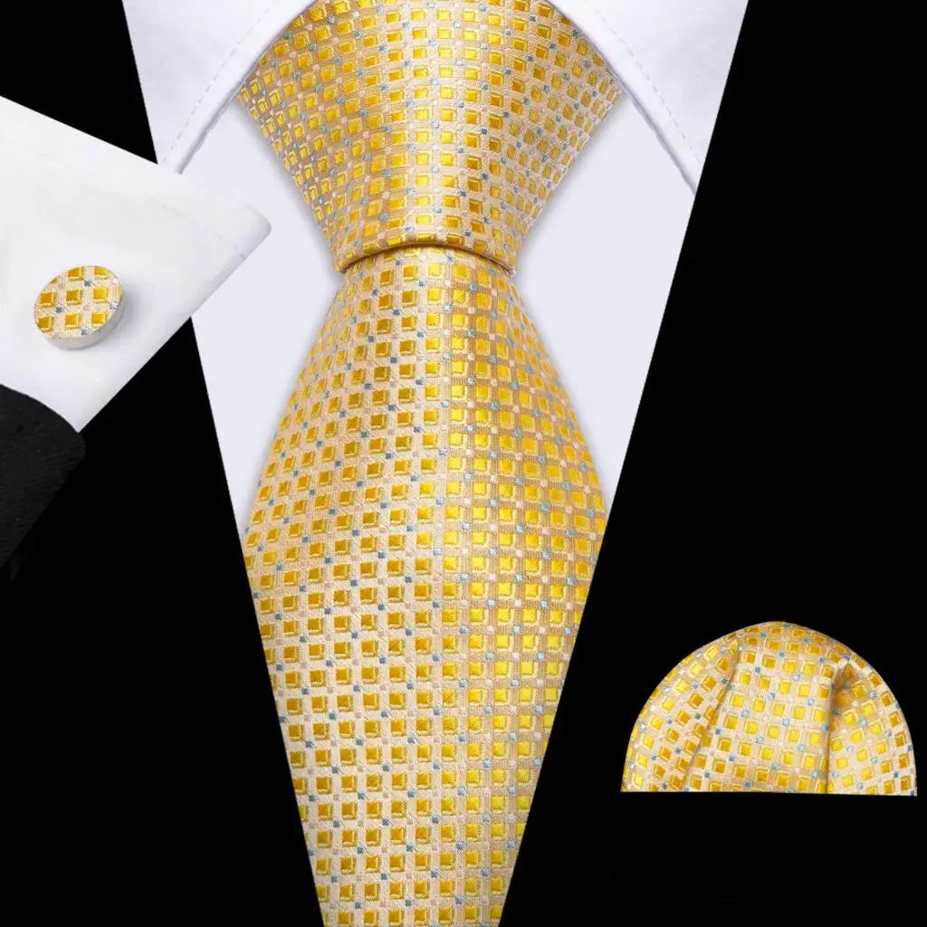 Fashion Silk Men Tie Set Gold Yellow Orange Solid Paisley Striped Plaid Floral Necktie Pocket Square Cufflinks Wedding Business