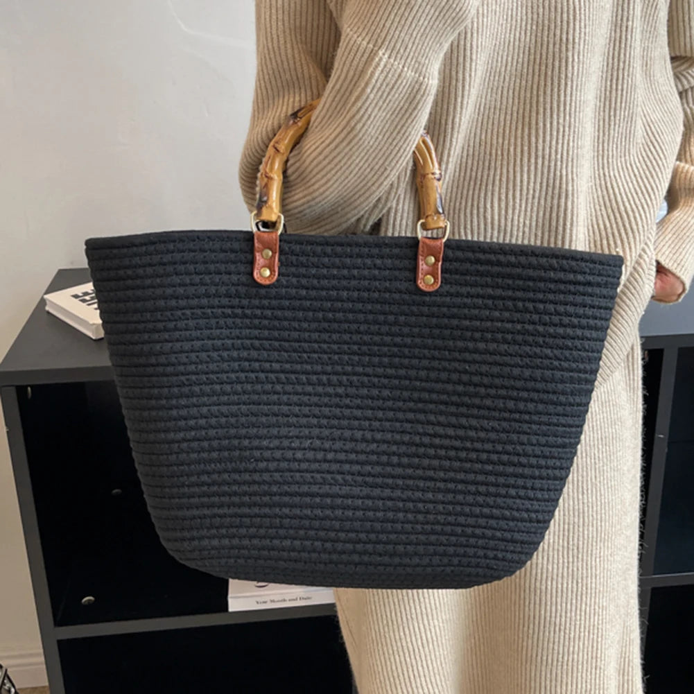 Beach Vacation Bags Bamboo Handle Women Weaving Bag Large Capacity Striped Portable Casual Fashion Exquisite for Seaside Party