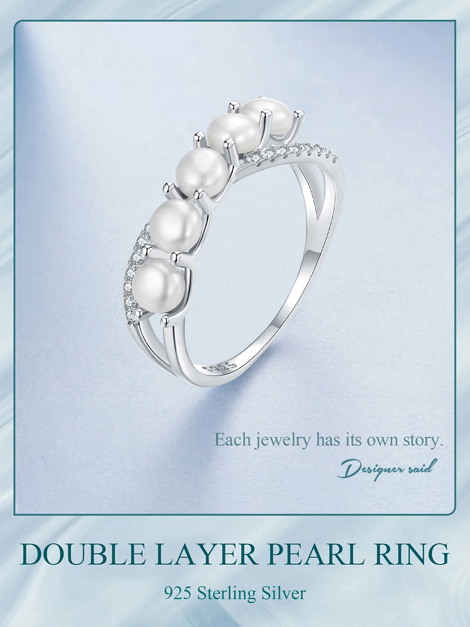 Inel din argint 925 cu perle BISAER - strat dublu de zirconiu alb - pentru femei elegante, nuntă, logodnă, bijuterii fine originale