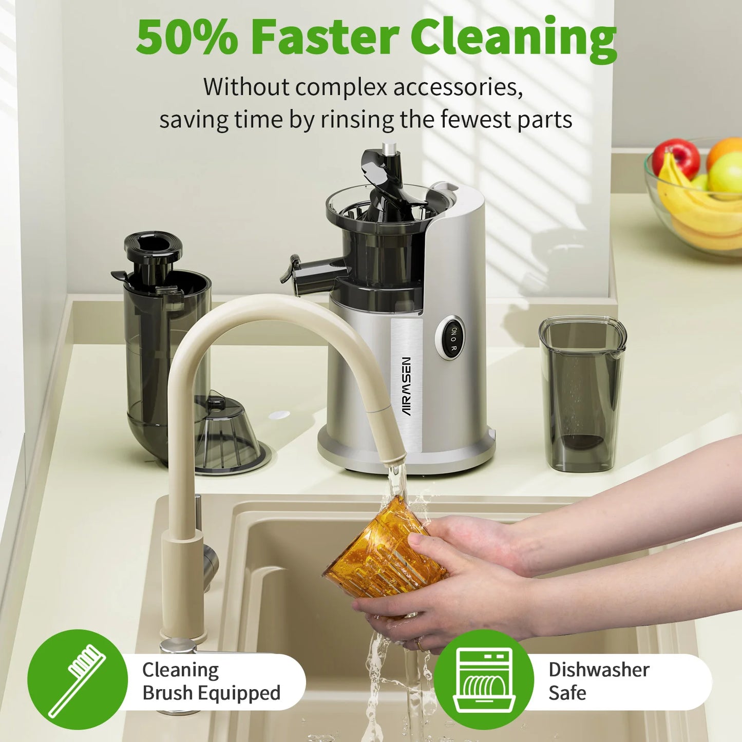 AIRMSEN Slow Cold Press Juicer, large diameter, filterless design, easy to clean, suitable for vegetables and fruits.