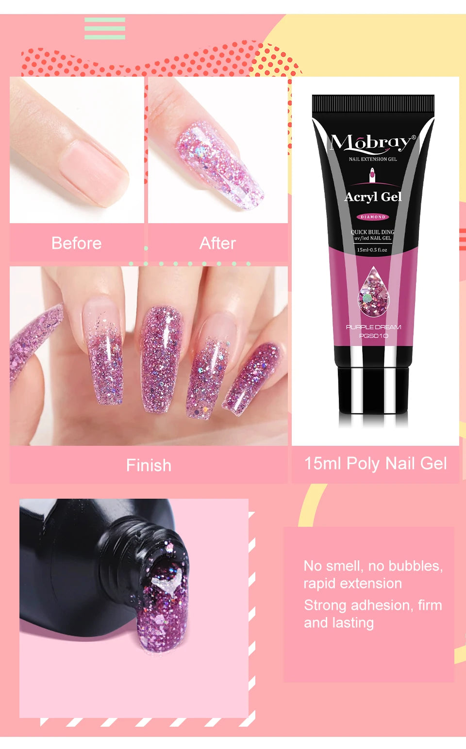Nail Extension Kit Acrylic Gel Polish Nail Polish with UV LED Nail Lamp Manicure Kit and Base Coat Top Coat for Salon and Home
