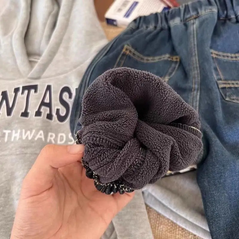Jeans For 1-8Y Boys Autumn Winter Solid Spliced Cotton Kids Boys Trousers Fashion Velvet Thicken Children Boys Warm Jogger Pants