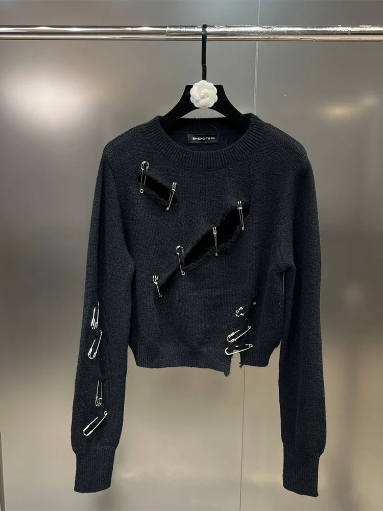 Mina Gothic O Hals Pullover - Lochmuster Größe M Langarm