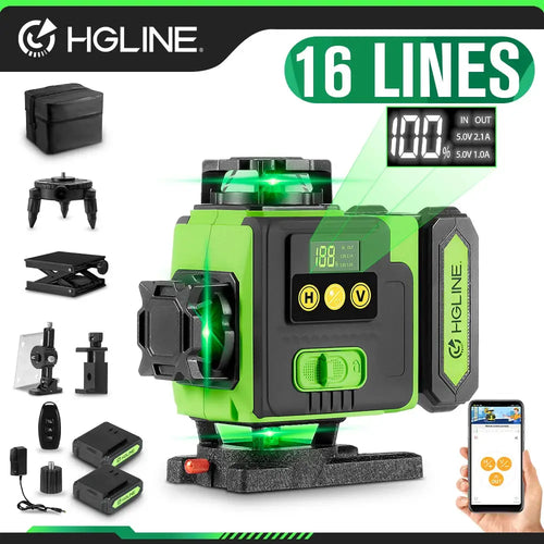 HGLINE 16 Linien 4D-Laser-Wasserwaage, APP-Fernbedienung, wiederaufladbar, selbstnivellierend, 360-Grad-Laser, 6000 mAh, großer Li-Ionen-Akku