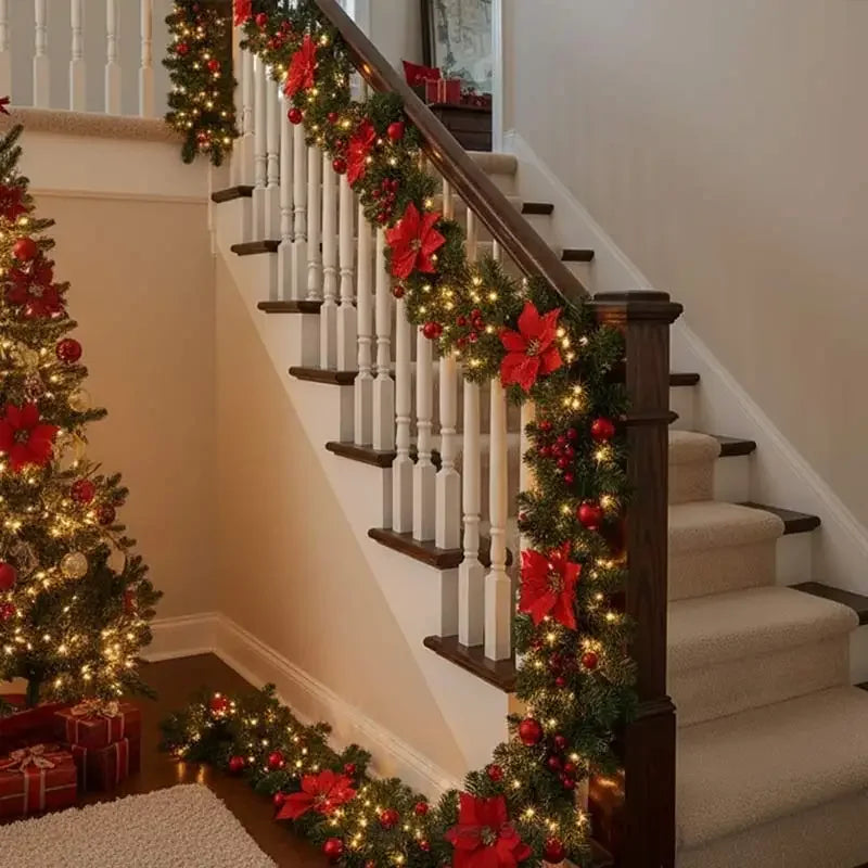 Weihnachts-LED-Rattan-Girlande, 270 cm künstlicher Kranz mit Lichtern für Weihnachtsbaum, Haustür, Kamin, Treppen, Zuhause, Party-Dekoration