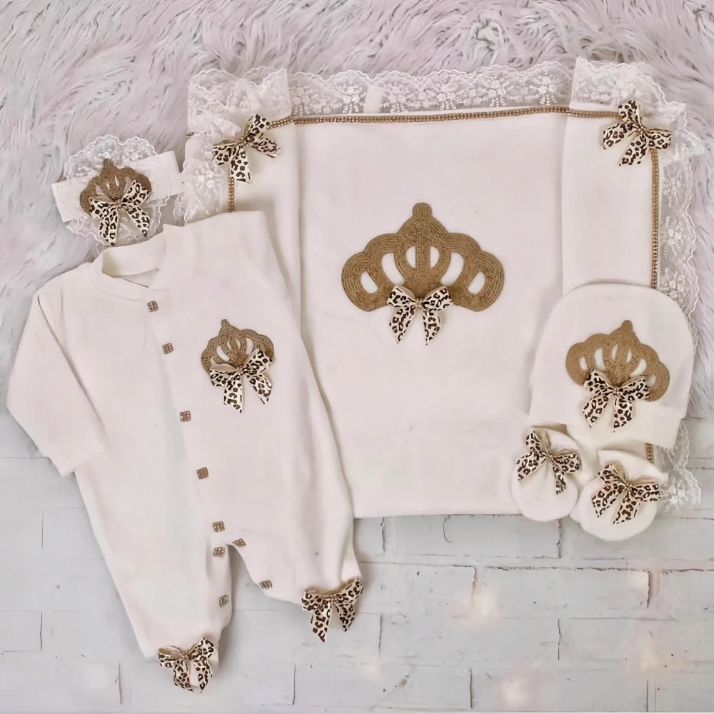 Baby-Outfit-Set 2025: 5-teiliges Spitzen-Baumwoll-Set für Neugeborene - Säuglingspflege-Kollektion
