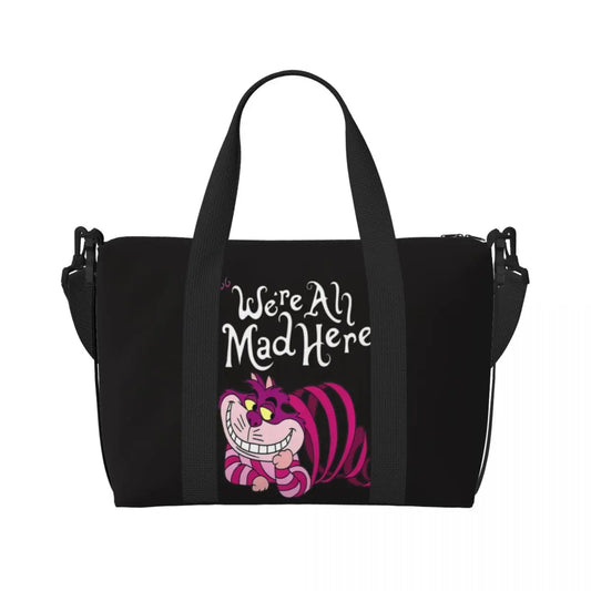 Custom Cheshire Cat Beach Tote Bag for Women We're All Mad Here Cat Big Compartment Gym Beach Travel Bags