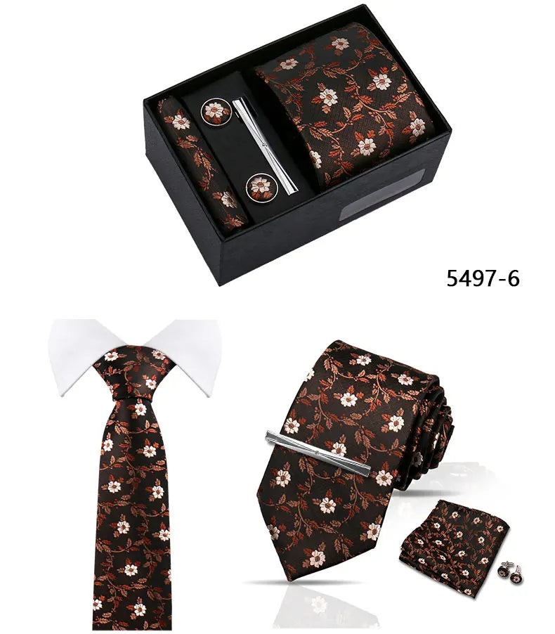 Elegant Men's Suit Necktie Gift Box Set Floral Tie Handchief Cufflinks Tie Clip 4-Piece Business Wedding Party Suit Accessories