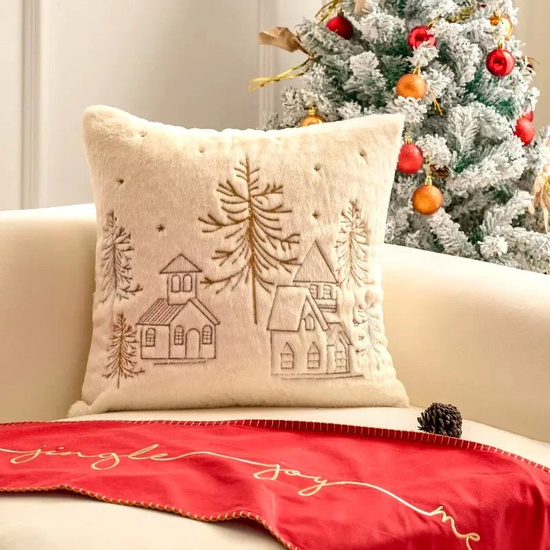 Simple Pillow Case Plush Christmas Embroidered Cushion Cover Soft Comfortable Festival Decorative New Year's Home Pillow Case