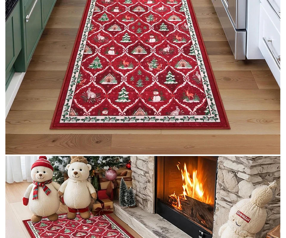 Runner Rug Corridor Non-slip Machine Washable Easy To Fold Floor Mat Green Plaid Snowman Rugs Christmas Gift Home Decoration Mat