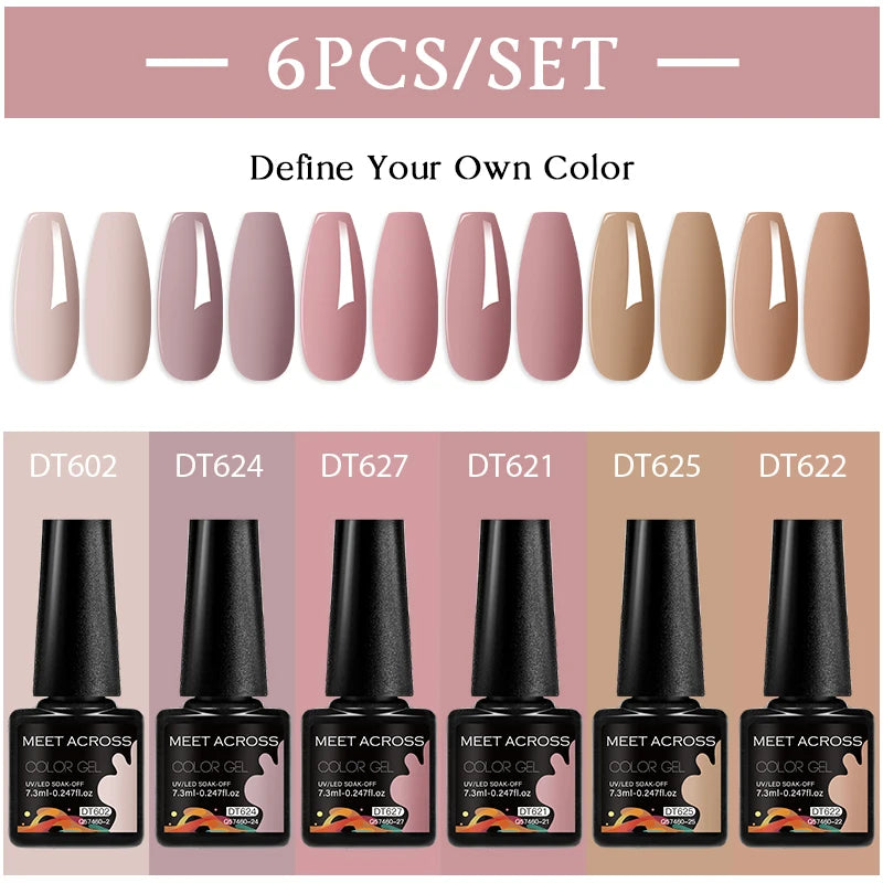 MEET ACROSS 6Pcs/Set 7.3ml Gel Nail Polish For Nails Nude Brown Semi Permanent Nail Art LED UV Gel Varnish Nail Supplies