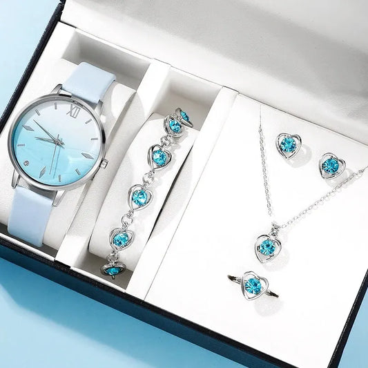 Moda 6er Set Quarz Uhr Damen - Blau Strass Leder 18mm