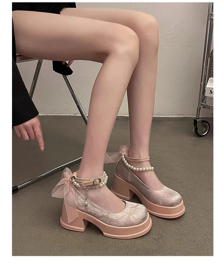 Frühling Damen Dicke Platform Mary Janes 2025 - Lolita Schuhe Sommer - Schleife Kette Party Pumps Oxford Schuhe