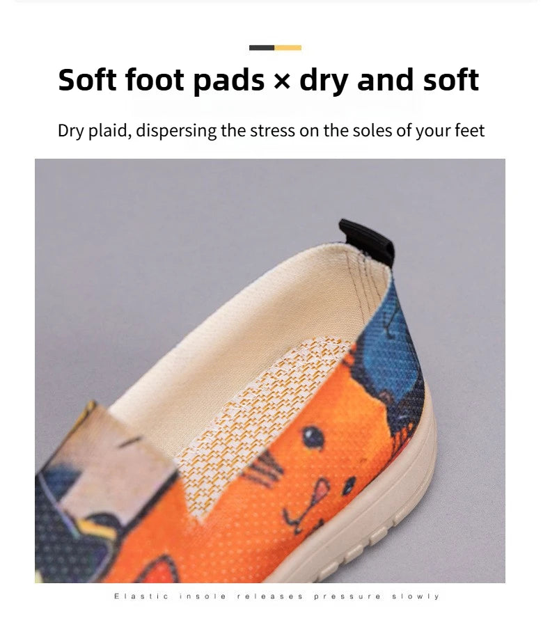 Women's Slip-On Sneakers Cat Print Spring Casual Shoes Plus Size Flat Sole Comfort Color Block Fabric Breathable Lightweight
