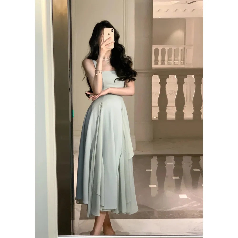 Elegant Dresses for Women Ruffles Sundress Evening Party Dress Sleeveless Square Collar A Line New Prom Robe Korean Vestidos