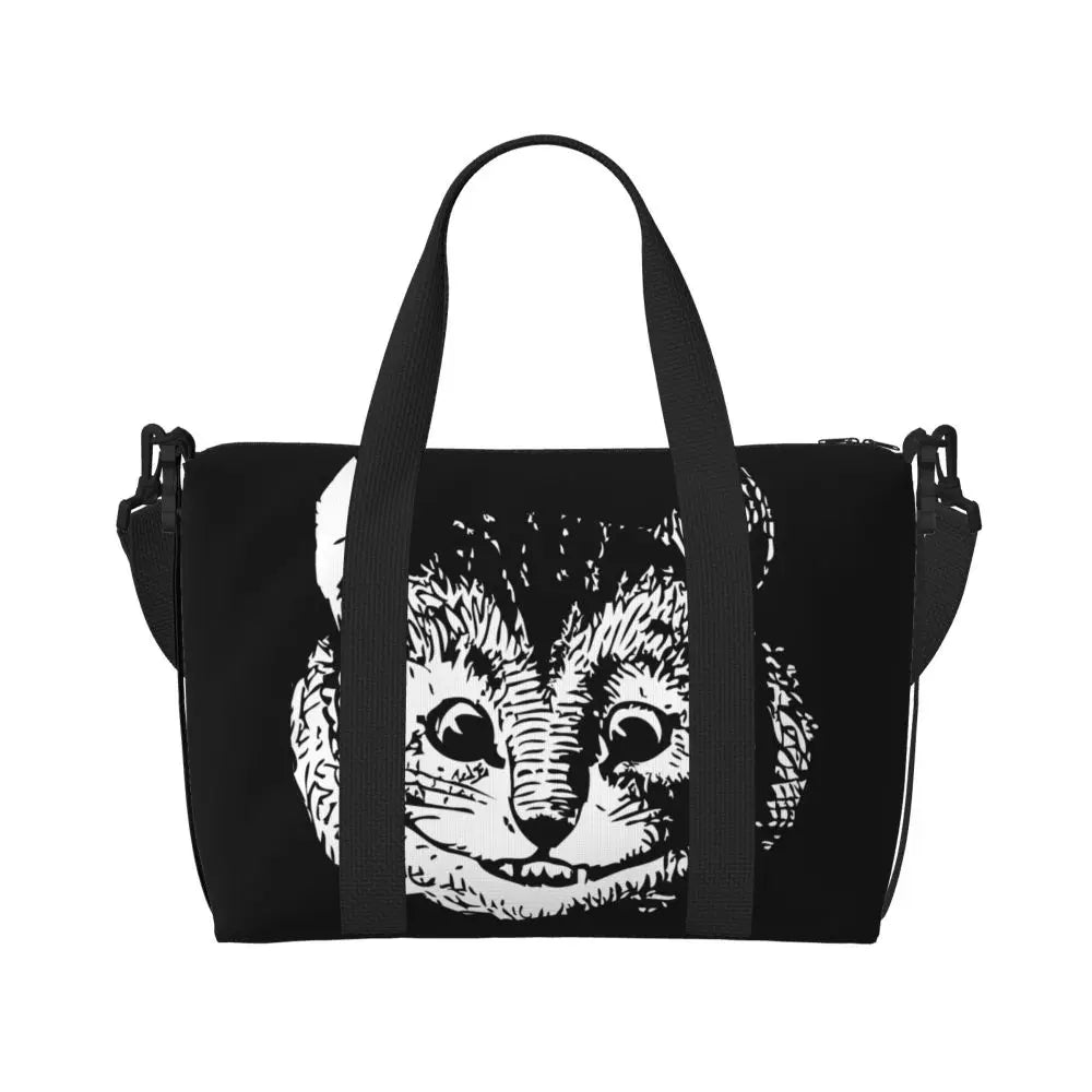 Custom Cheshire Cat Beach Tote Bag for Women We're All Mad Here Cat Big Compartment Gym Beach Travel Bags