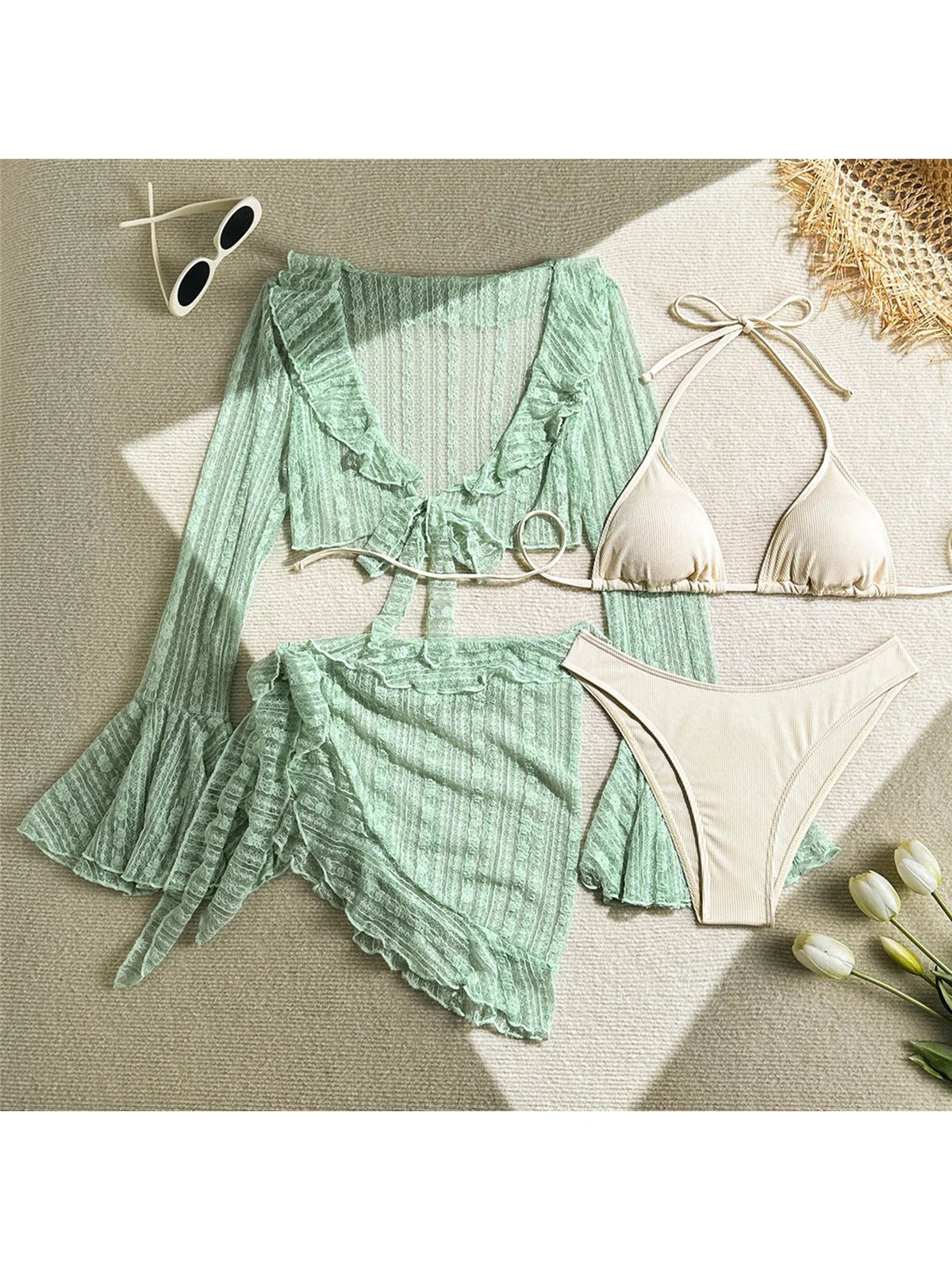 4PCS Halter Bikini Set Sarong Langarm - Vierteilig S M L