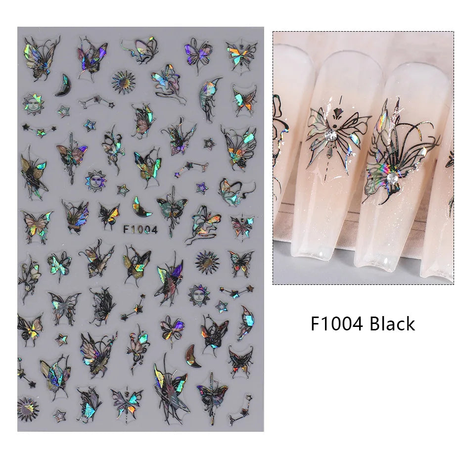 New Spring Fresh Flowers Butterfly 3D Nail Stickers Colorful Laser Butterflies Geometric Pattern Stickers Nail Decoration 1PCS