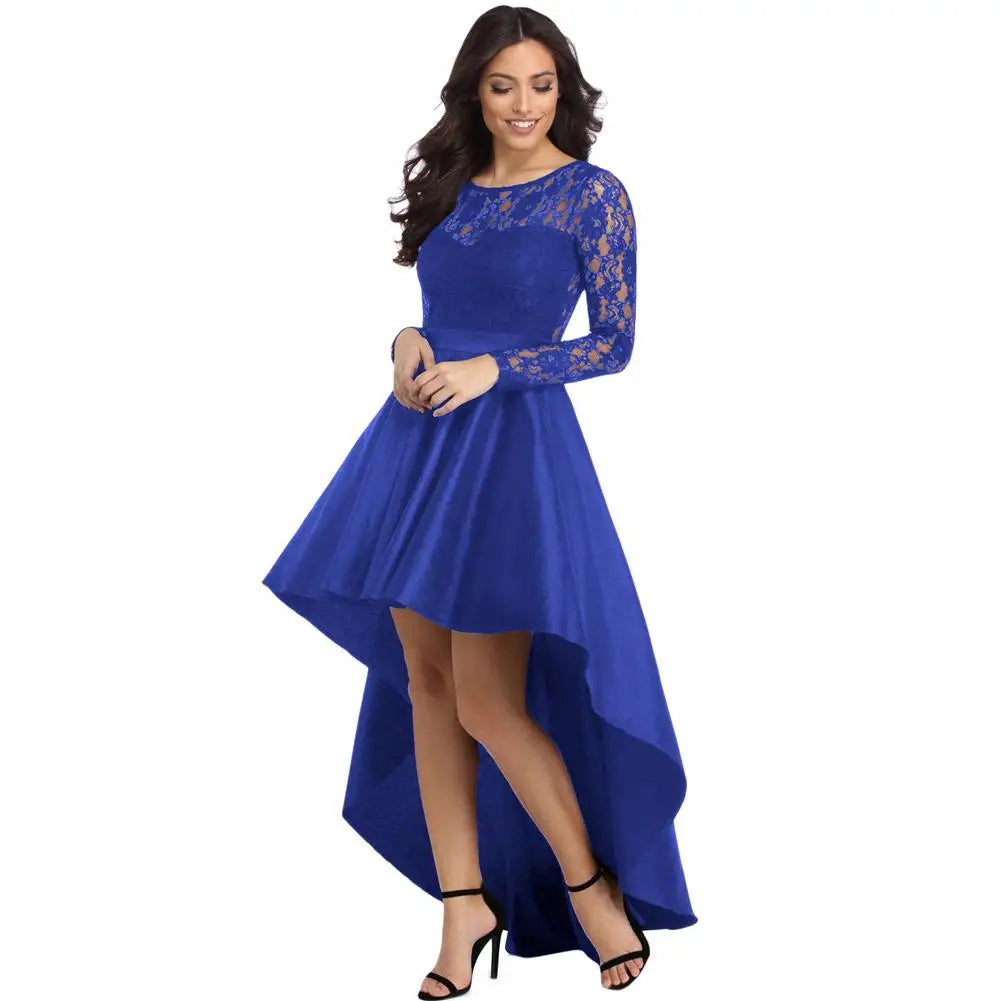 New Spring Elegant Dresses for Women Long Sleeve Lace High Low Satin Prom Evening Dress Cocktail Party Gowns Vestido Feminino