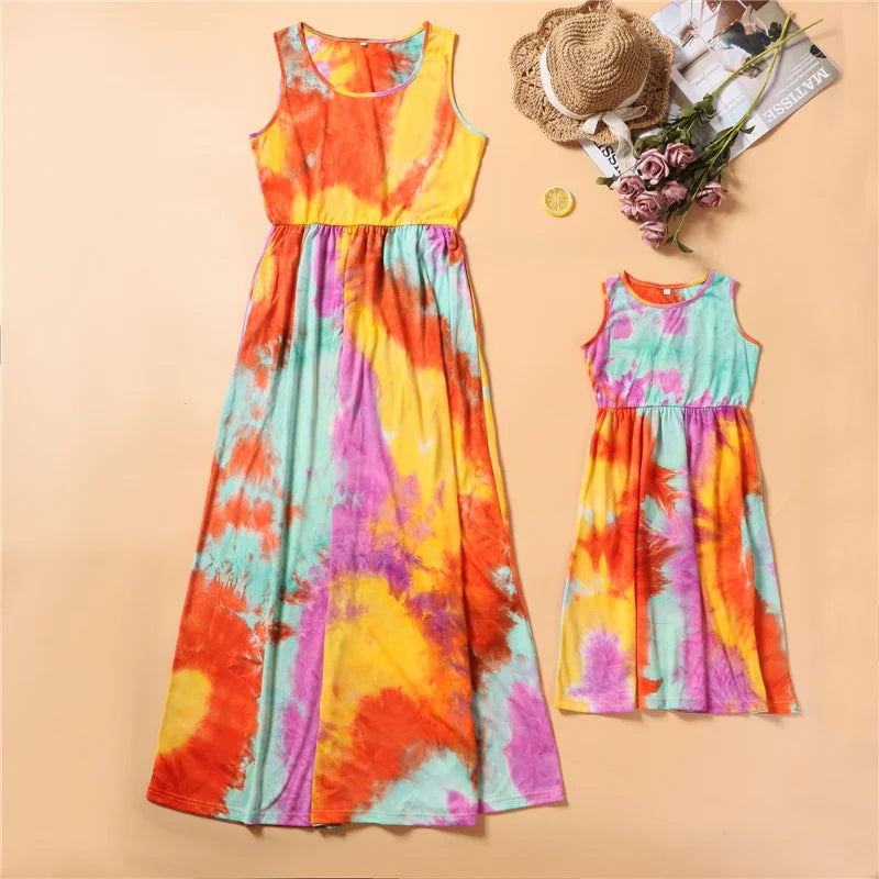 Mother Daughter Matching Dresses Family Sets Floral Fashion Woman Girls Long Dress Outfits Sleeveless Family Look Dress