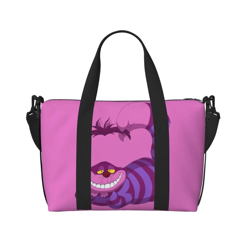 Custom Cheshire Cat Beach Tote Bag for Women We're All Mad Here Cat Big Compartment Gym Beach Travel Bags