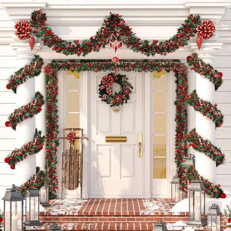 5/10er-Pack 78,74 Zoll Weihnachtsbaum-Hängegirlande, Weihnachtsgirlande, rotes und grünes Lametta, Bandornamente, Urlaub, Zuhause, Partyzubehör