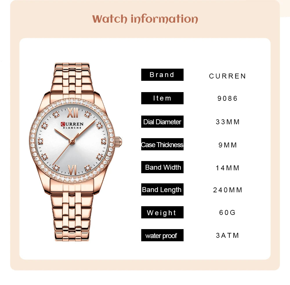 CURREN Luxus Uhr Damen Ring Halskette Ohrringe - Strass Mode Armbanduhr Weiblich Casual Damen Uhren Armband 5-teiliges Set