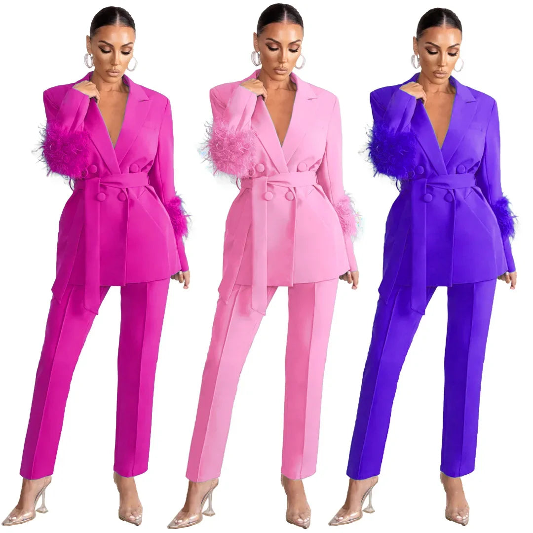 Elegant Women 2 Piece Set Solid Notched Neck Blazer Zipper Long Pants Feather Upright Coat Ladies Suit Fall Winter Office Wear