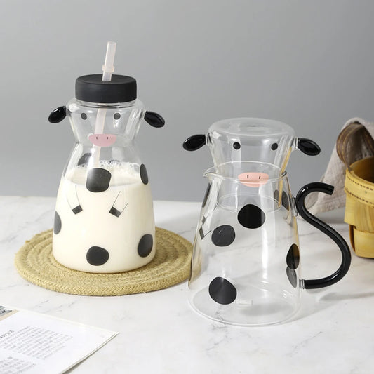 Glass Cold Water Kettle With Handle Lovely Cartoon Cow Cold Cup Flowering Teapot Milk Iced Beverage Bottle Jug Kitchen Supplies