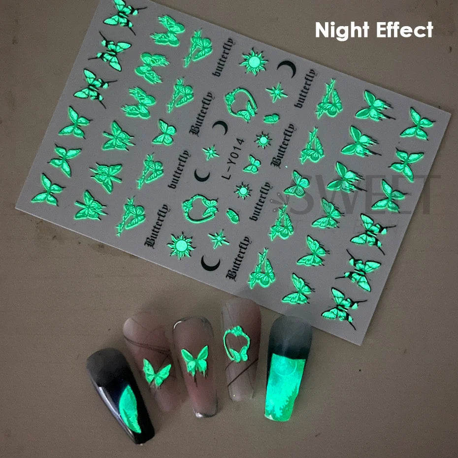 Nagel-Sticker 2025: 3pcs Luminous-Butterfly Glow-Dark - Manicure Art Collection