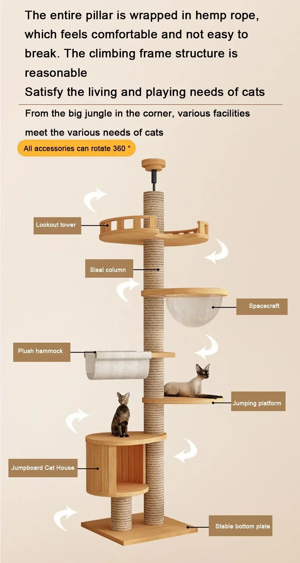 Cats Tree Floor Solid Wooden Cat Tree House Climbing Pets Furniture Adjustable Kitten Trees Tower Multilayer Cat Climbing Frame