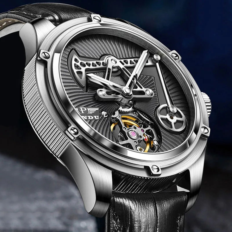 Men leather mechanical watch auto movement, sapphire glass