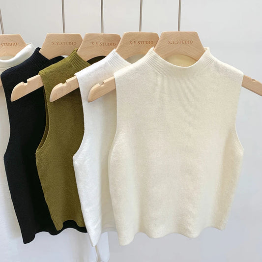 Women's Vest Tank Top Solid Color Knitted Tees T-Shirt Top Cropped Top Camisole Sweater Half-turtleneck Spring Autumn Sleeveless