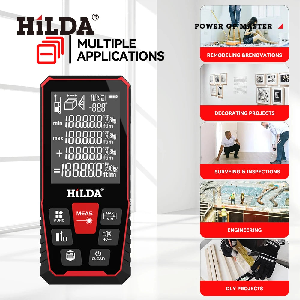 HILDA Laser Distance 50M/100M/120M Rangefinder Profesional Meter Laser Range Finder Ruler Test Tool