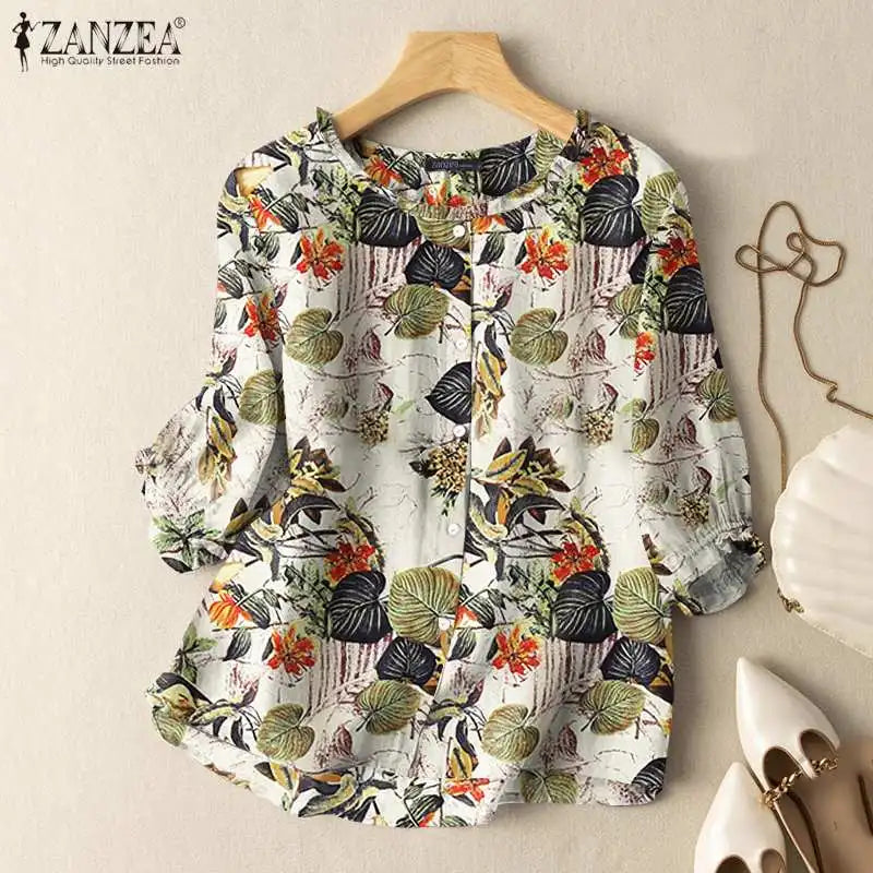 Bohemian Ruffles Tunic Shirt Work Blusas ZANZEA Women Summer O Neck 3/4 Sleeve Tops Casual Mujer Vintage Floral Printed Blouse