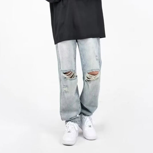 Herren Ripped Jeans 2025 - Summer Blue Loose Fit Hole Wide-leg Streetwear Denim