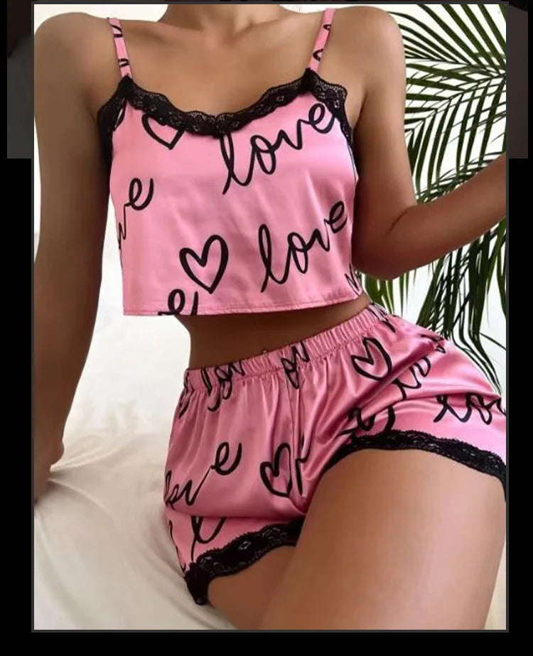 Damen Pyjama Set 2025 - 2-teiliges Schlafanzug Set mit Print & Shorts