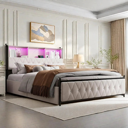 Polsterbett 180x200 cm Mit Stauraum Und LED USB Beleuchtung
