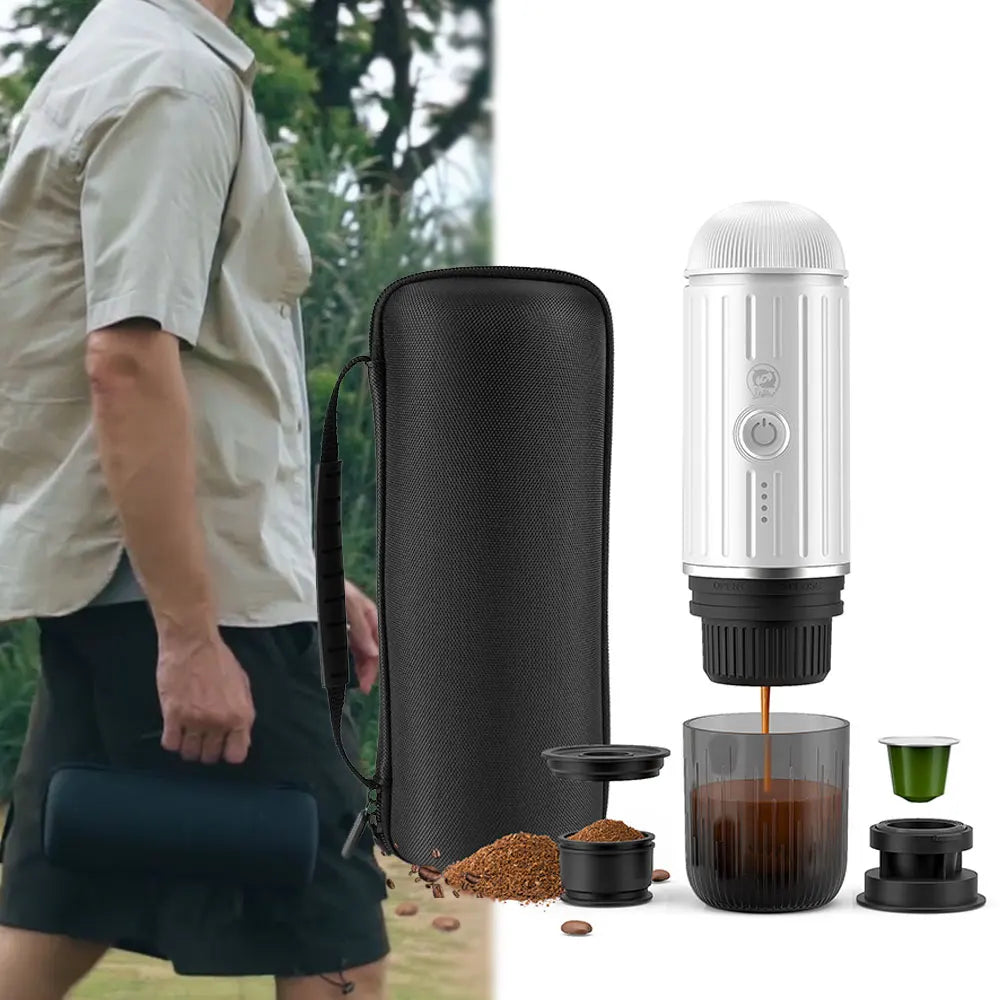 icafilas Portable Kaffeemaschine - Heizbar für Kapseln & Pulver, Travel Espresso Maker mit Tasche