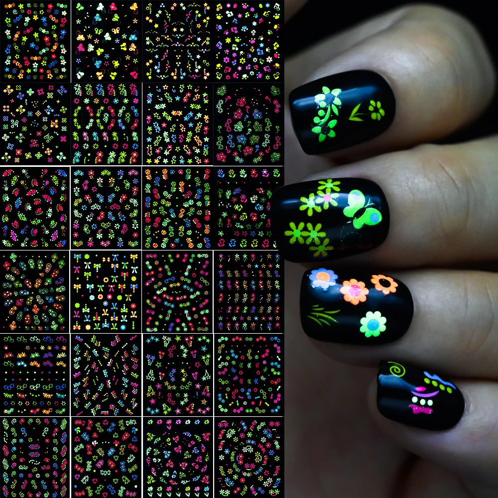 Nagel-Sticker 2025: Schmetterling-Blumen Luminous 3D - Glow-in-Dark Manicure Collection