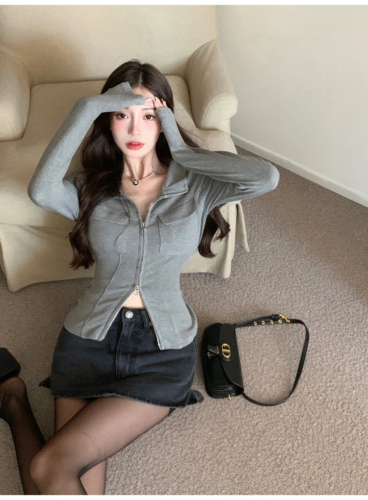 Women T-shirt Spring Autumn Clothes Ribbed Knitted Long Sleeve Short Tops Zipper Design Tee Sexy Female Slim Tops