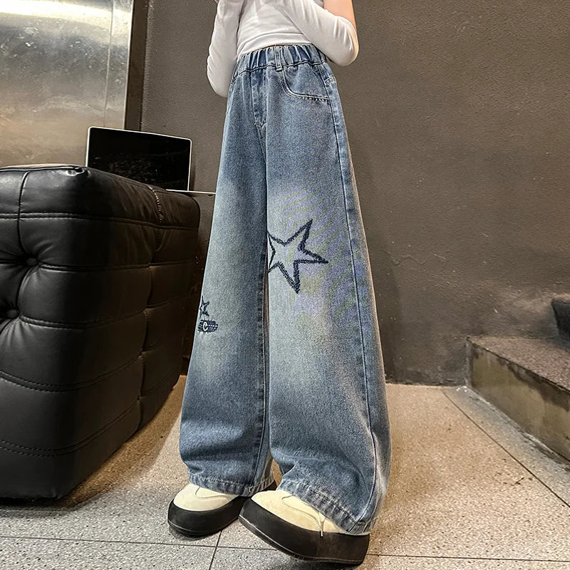 Jeans For Girl Spring Embroidery Star Pattern Wide Leg Denim Pants Kids Casual Style Children Loose Clothes 6 8 9 10 12 14 Years