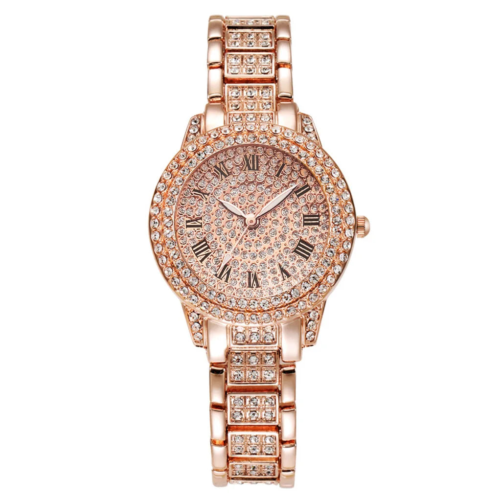 Mode Luxus Vollkristall 5-teiliges Set - Uhr Halskette Ohrringe Ring Set für Damen - Strass Armbanduhr Damen Armband Set Geschenk