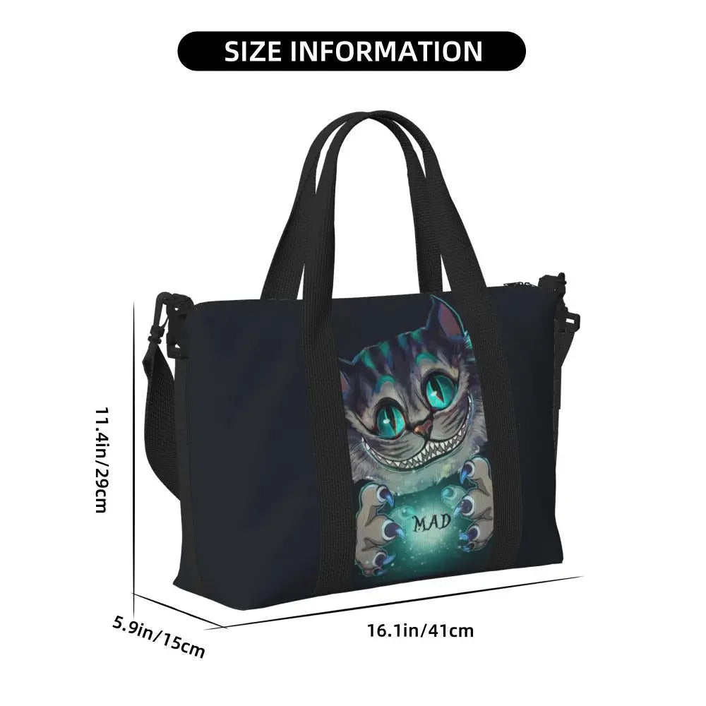 Custom Cheshire Cat Beach Tote Bag for Women We're All Mad Here Cat Big Compartment Gym Beach Travel Bags
