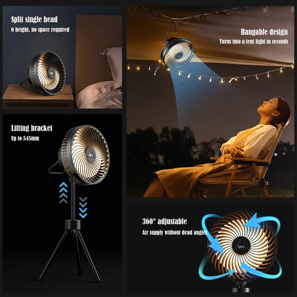 12000mAh Tripod Camping Fan Rechargeable Desktop Portable Circulator Wireless Ceiling Electric Fan with Power Bank LED Lighting