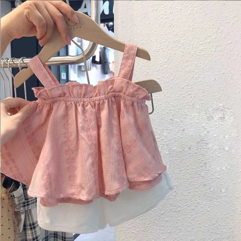 Girls Outfit Set 2022 Summer Clothing Sets Hollow Lace Suit Baby Casual Sleeveless T-shirt+Shorts Kids Clothes Sets Baby Clothes