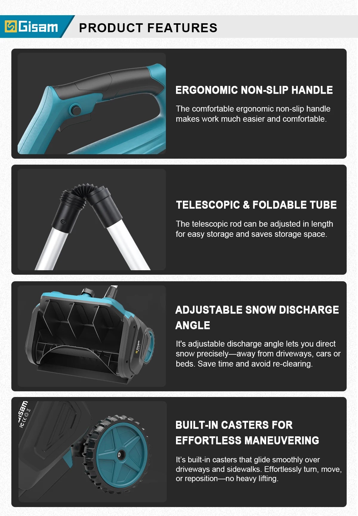 Gisam Schneepflug Bürstenlos - 4,5 Ah,3500 W, Breite 32 cm