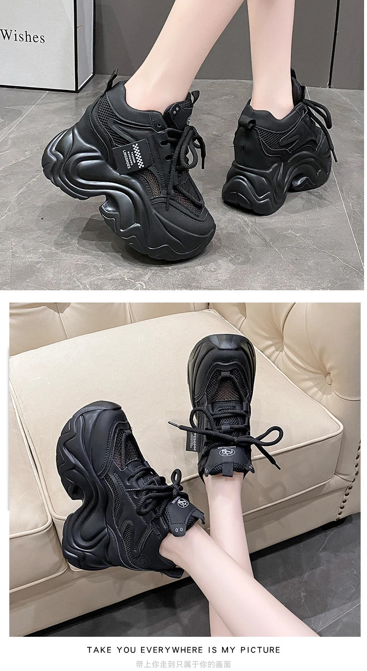 Women High Platform Sneakers New Summer 9.5CM Wedge Heels Thick Sole Leather Shoes Autumn Breathable Mesh Chunky Sneakers Woman