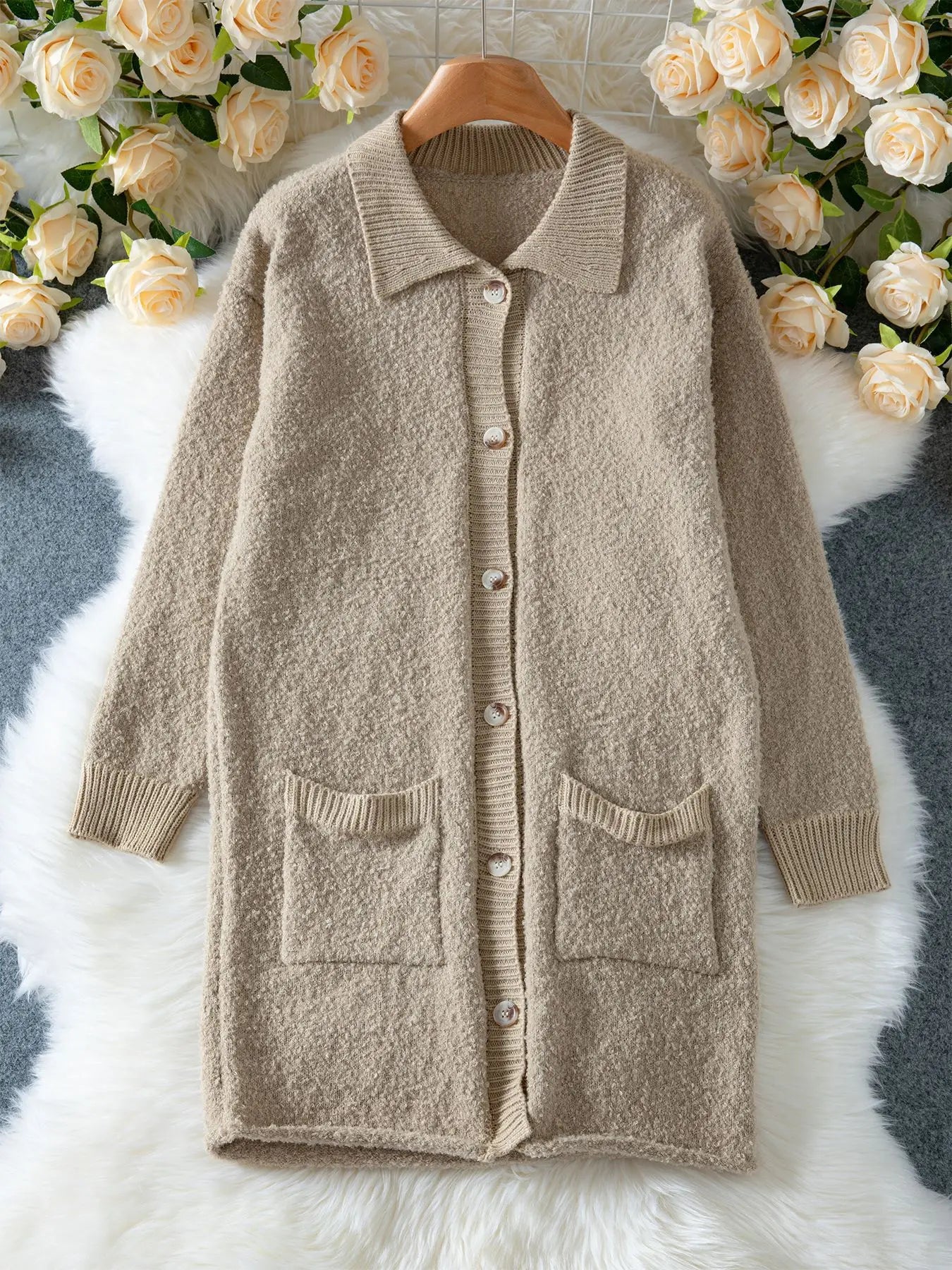 Nowsaa Cardigan Mantel Damen - Einreihig Mit Taschen Turn-Down Kragen - Größe Regular, Gewicht 120–220 g/m2